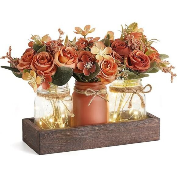 Mason Jar Centerpiece Rustic Table Decor with Flowers Lights Farmhouse Tray - Picture 1 of 7